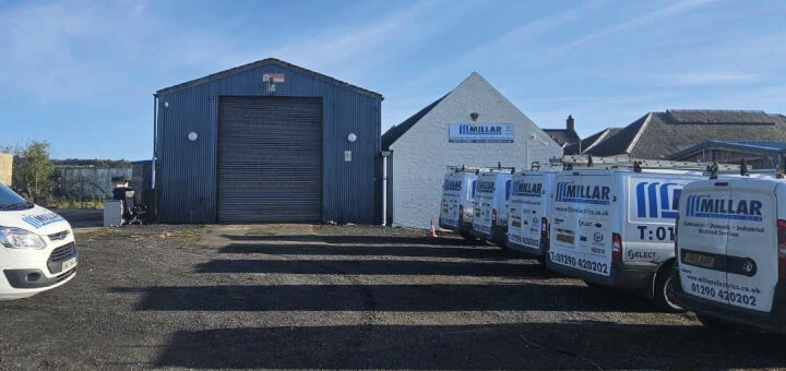 Millar Electrics workshop and vans at Borland Farm, Cumnock